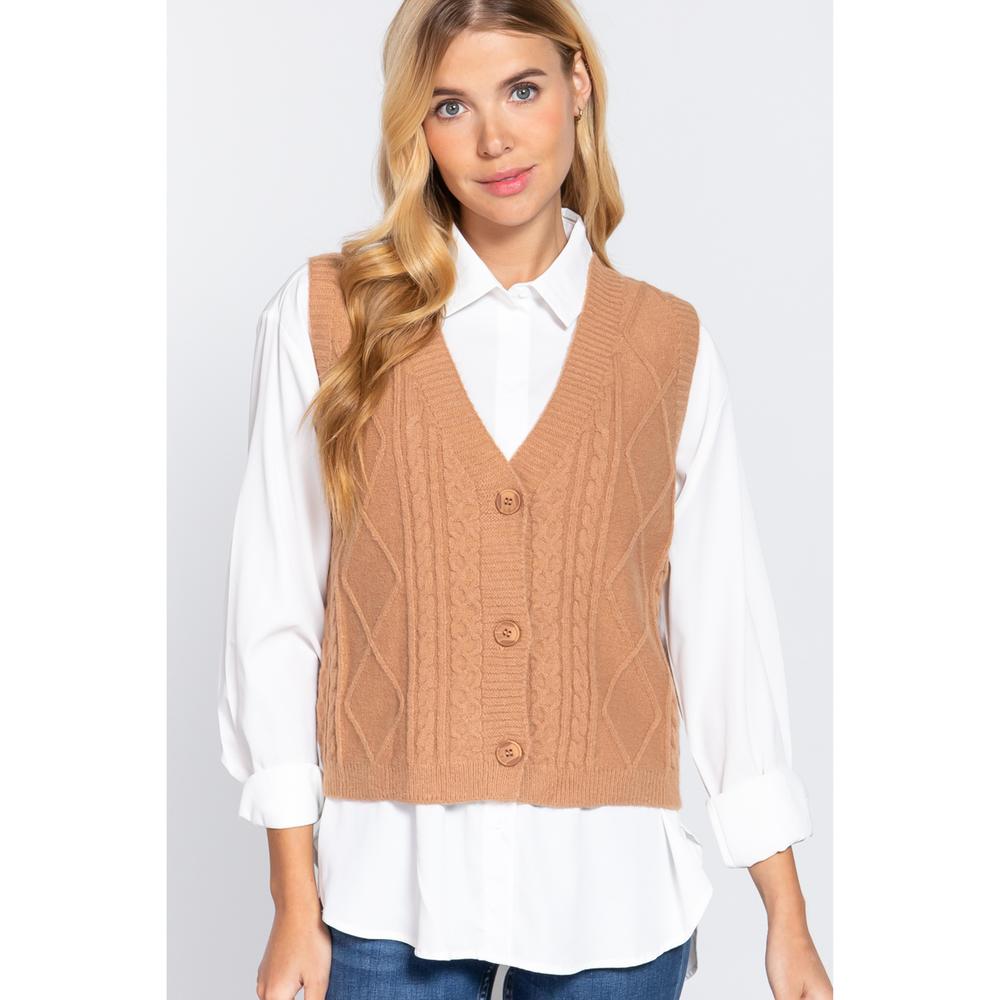V-neck Cable Sweater Vest Cardigan - Picture 1 of 7